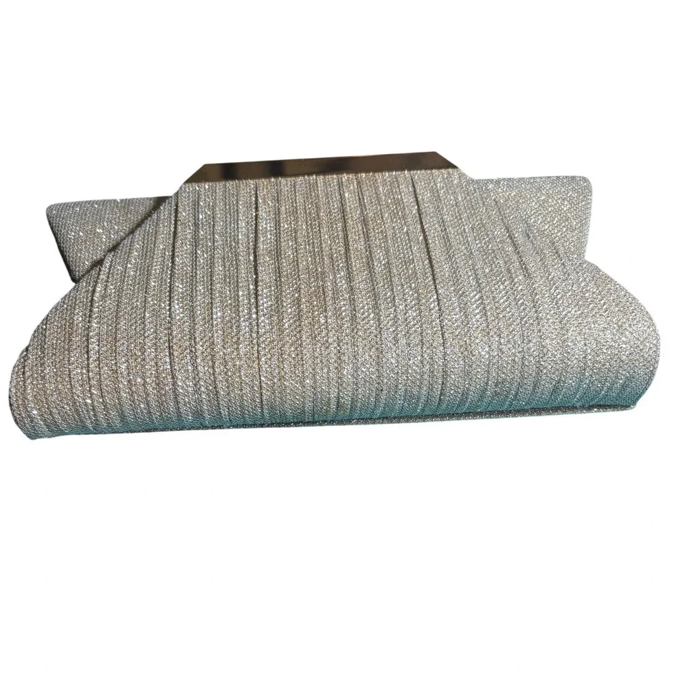 Envelope Clutch Womens Small Champagne‎ Gold Glitter Pleated Evening Bag READ